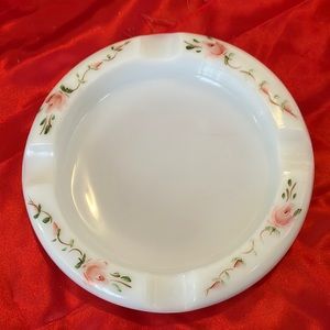 Vintage white Glass Milk Glass Hand Painted with Roses Large Ash tray